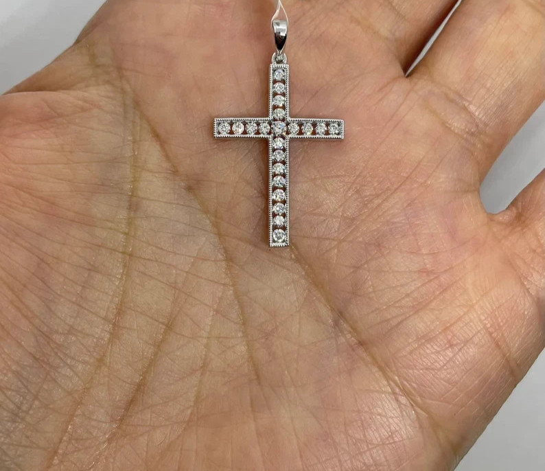 0.48Ct Round Cut Real Moissanite Cross Religious Pendant 14K White Gold Plated
