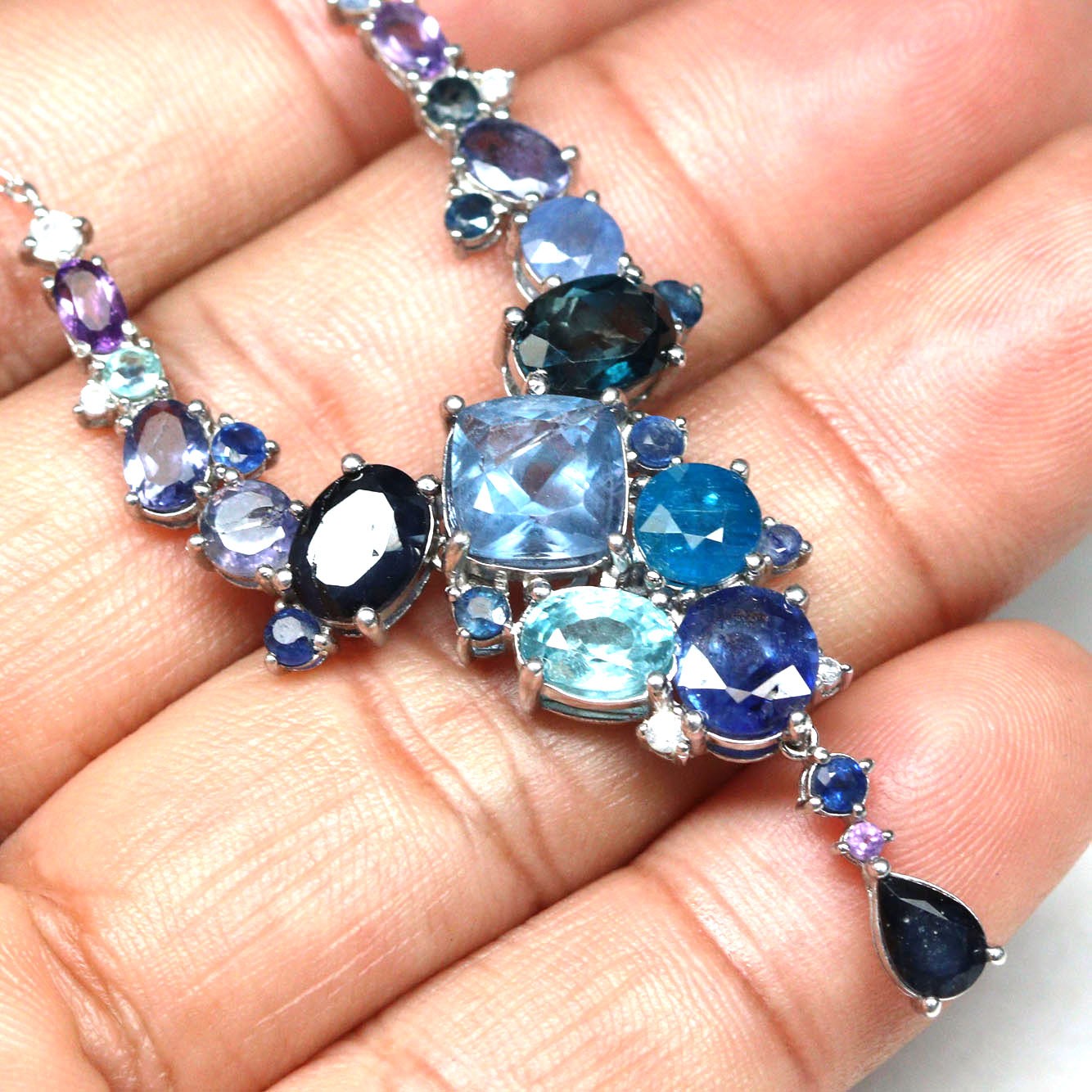 925 Silver Color Change Fluorite Topaz Sapphire Apatite Amethyst Necklace 18in
