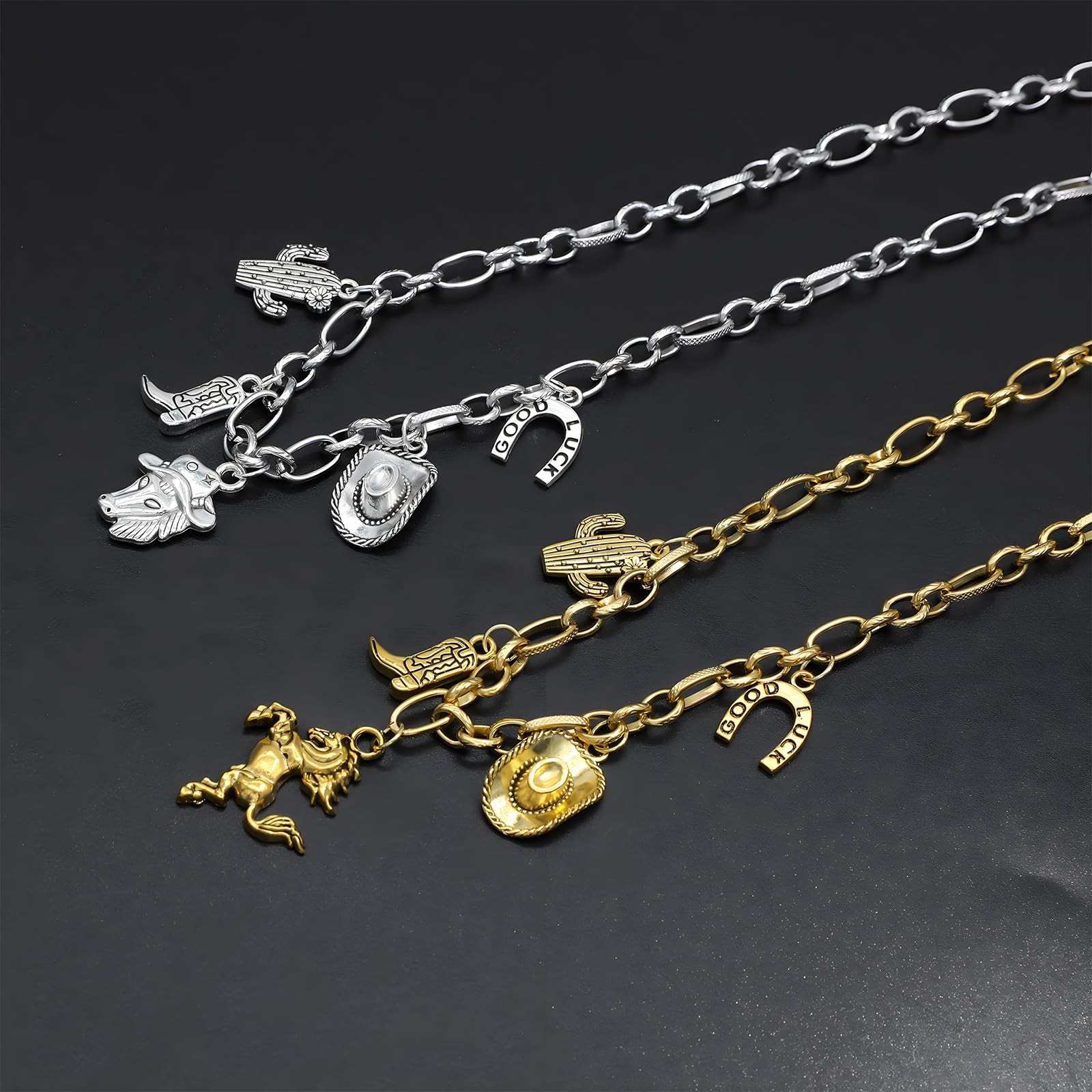 Multi Charm Necklace for Women Chunky Gold Plated Paperclip Chain Choker Ne – 06
