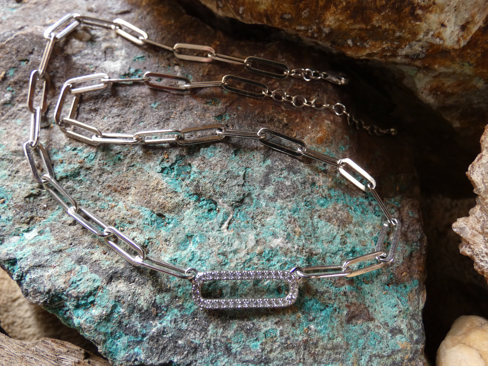 Paper Clip Trendy Necklace .40 ct. t.w. CZ Sterling Silver 17 inch To 19 inch