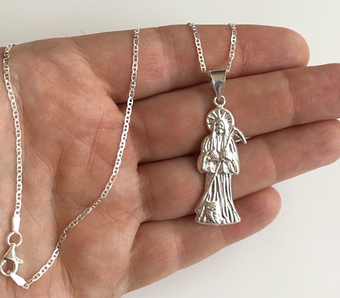 925 PLATA CADENA DE LA SANTA MUERTE 20″ LARGO/GRIM REAPER NECKLACE 20” – 45x14mm