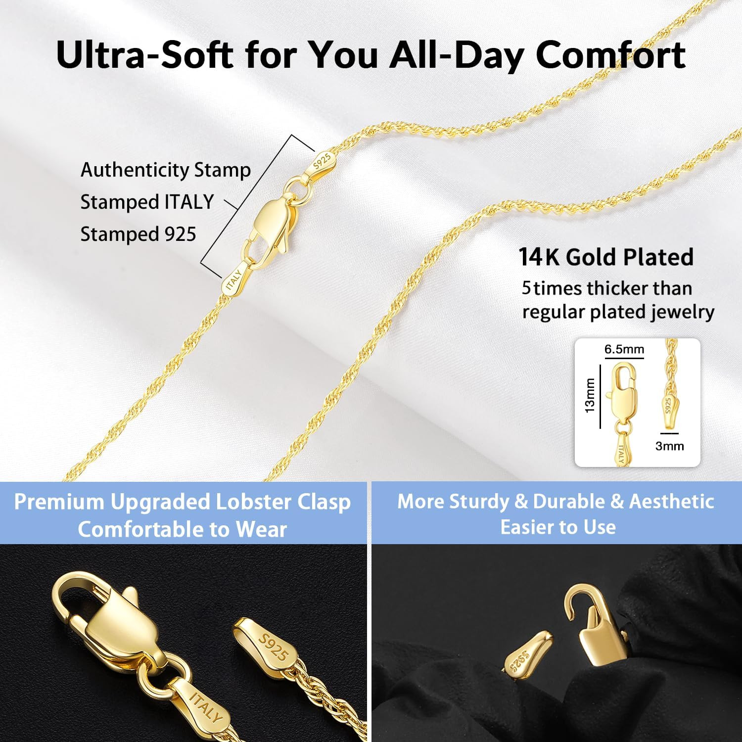 2mm Rope Chain 925 Sterling Silver Chain Necklace for Women, 14K Gold Plated …