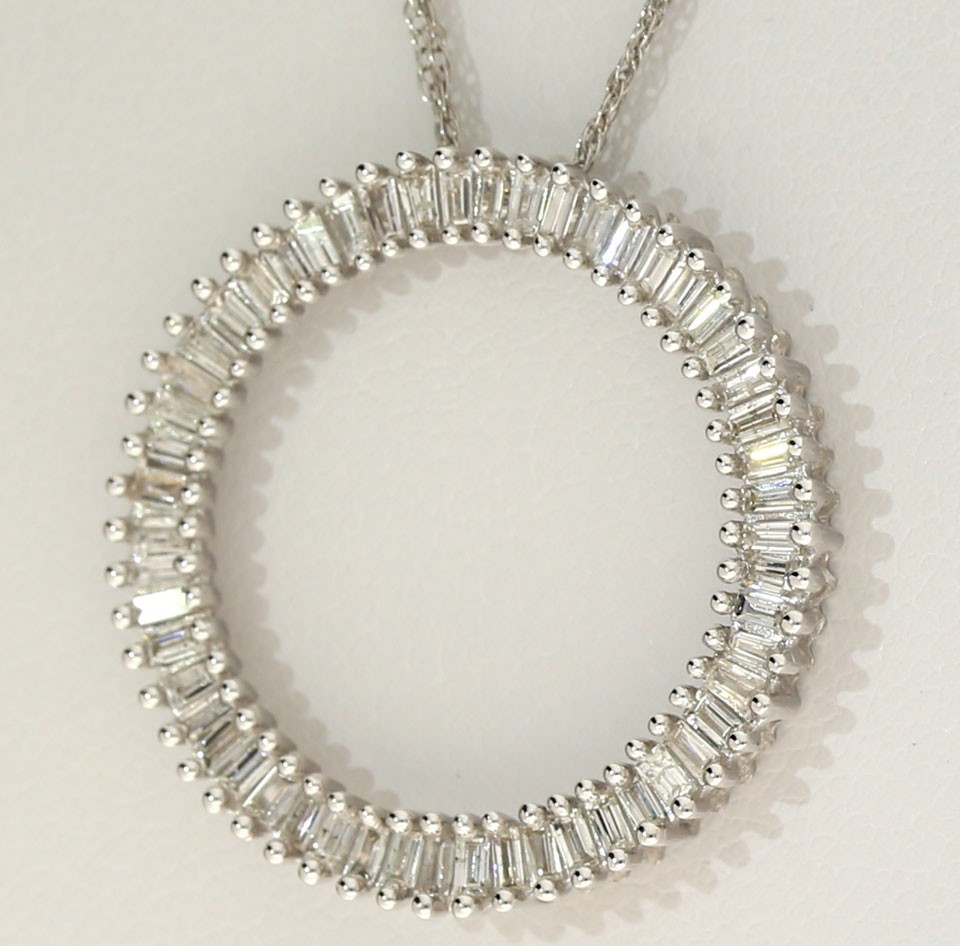 Natural Baguette Diamond Circle Pendant Necklace .80CT 14K WG 18”Chain