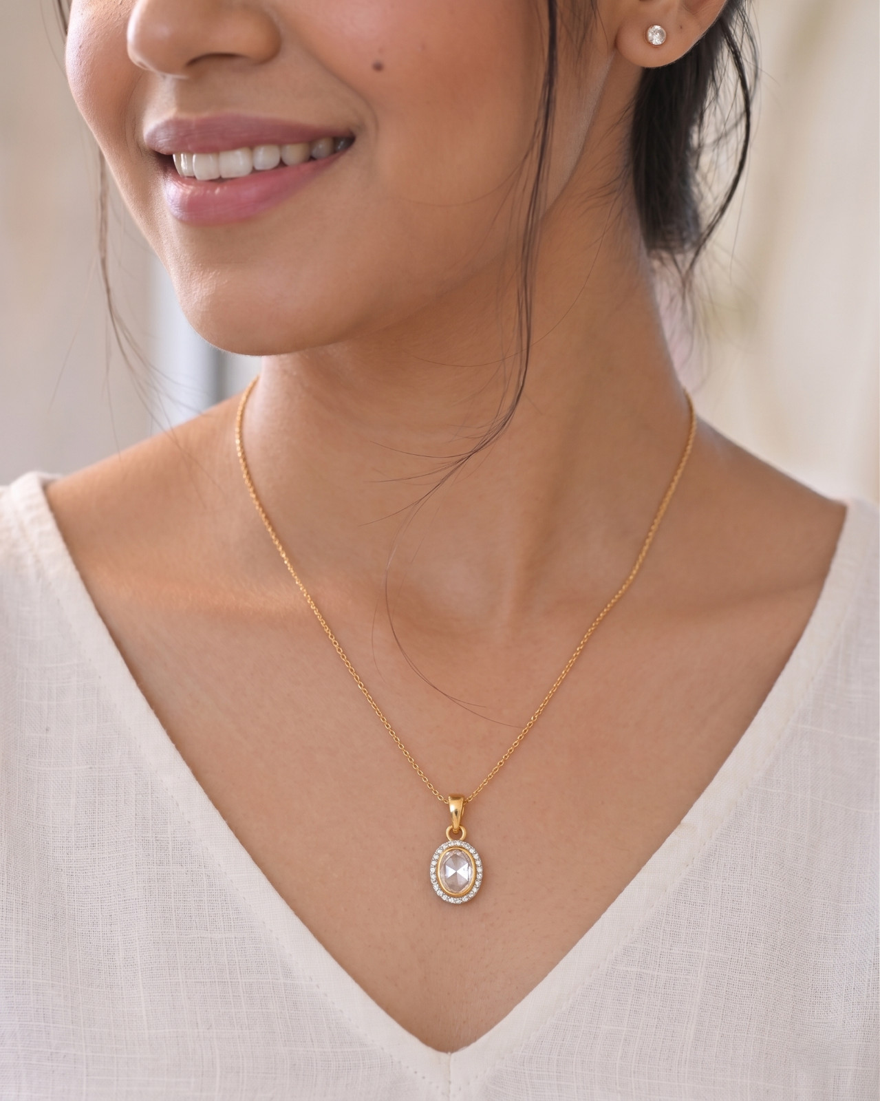 Oval Polki Diamond Pendant Gold Plated 925 Sterling Silver Halo Necklace for Her