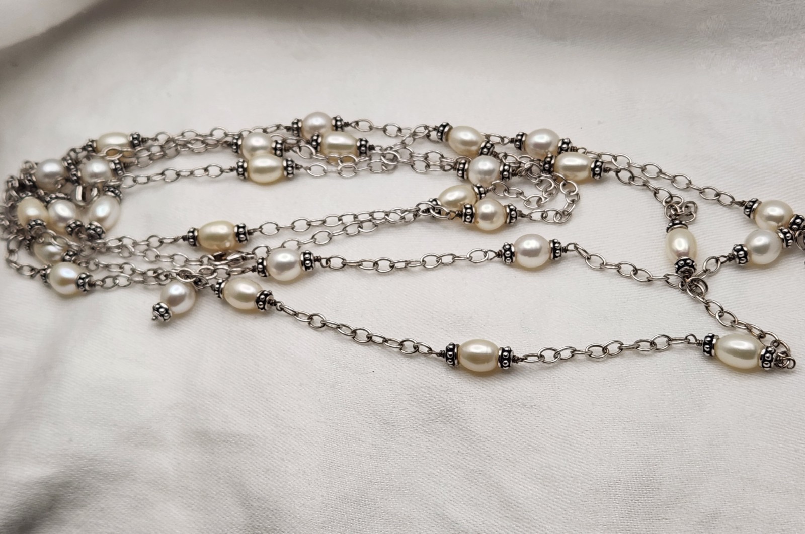 Set Of Two 32″ Honora Silver And Pearl Station Necklaces Signed 925