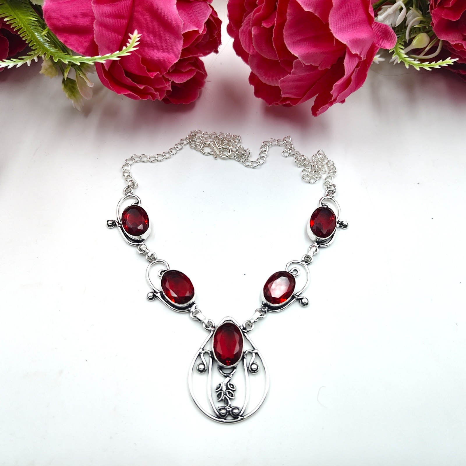 Red Garnet Gemstone Handmade 925 Sterling Silver Jewelry Necklace Size-17-18″