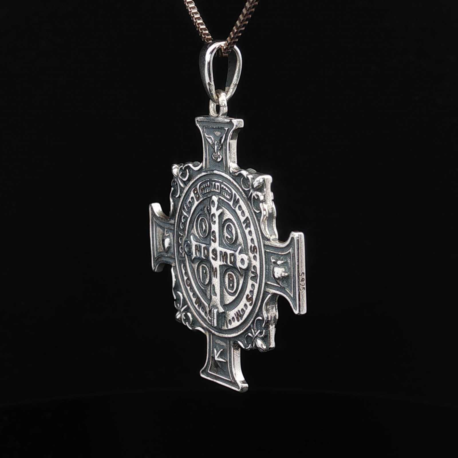 925 Sterling Silver Saint Benedict Two-Sided Cross Necklace
