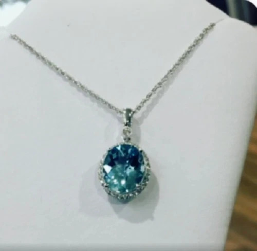 3Ct Oval Cut Blue Topaz Halo Pendant Necklace 14k White Gold Finish Free Chain