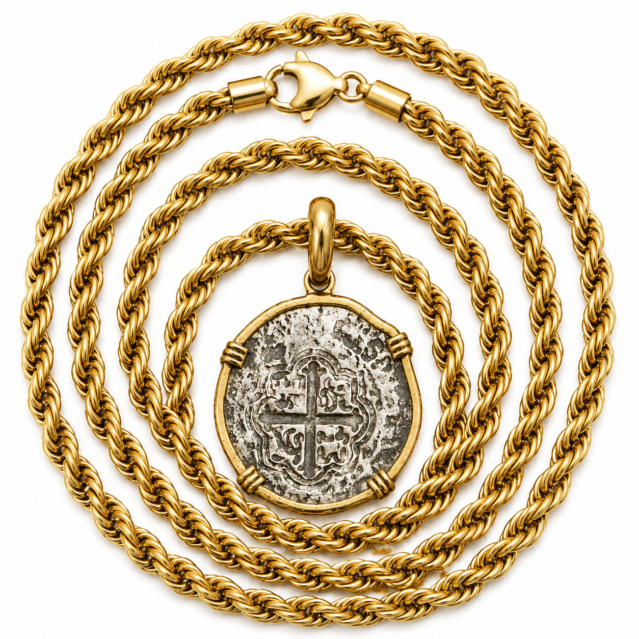 ATOCHA Coin Pendant Necklace Stainless Steel Replica w/ Gold Plated Rope Chain