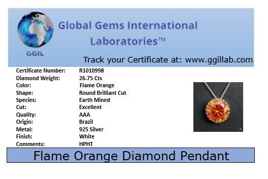 HUGE 26.75 Ct Certified Flame Orange Diamond Pendant Necklace-FREE Diamond Studs