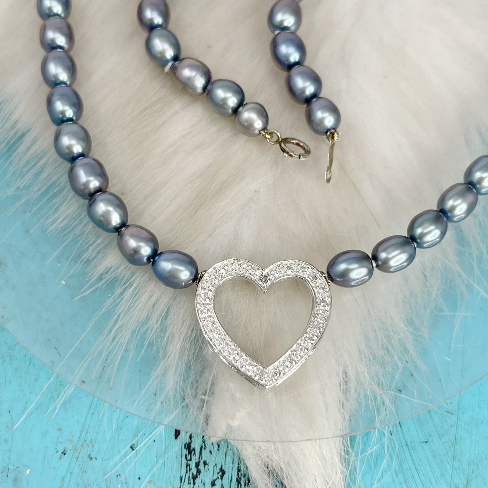 One Diamond Chip Freshwater Pearl Sterling Silver Heart Necklace Choker