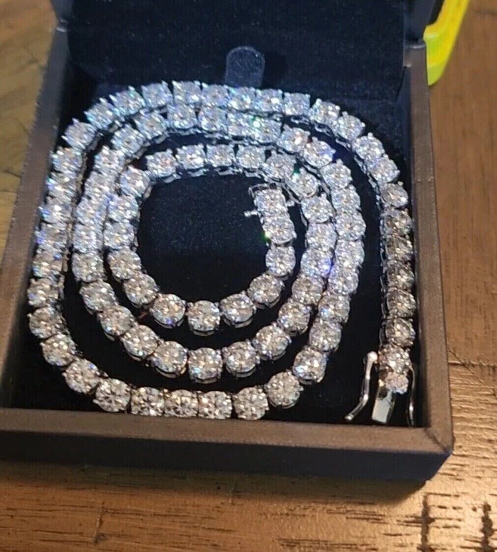 28.50 CT Round Cut REAL MOISSANITE Tennis Necklace 14K White Gold Plated 18″