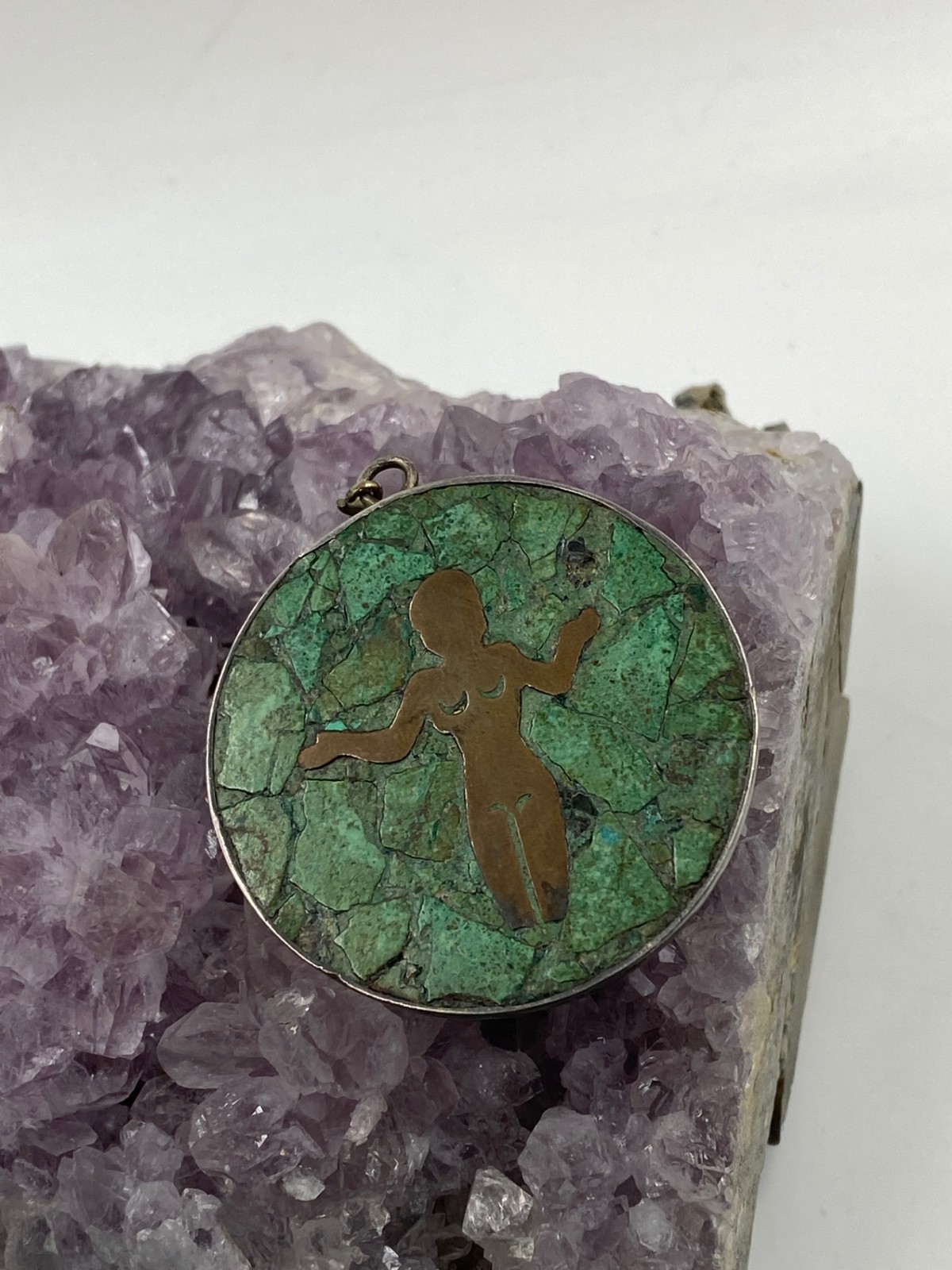 Vintage Taxco Sterling Silver & Crushed Turquoise Inlay Pendant with Nude Figure