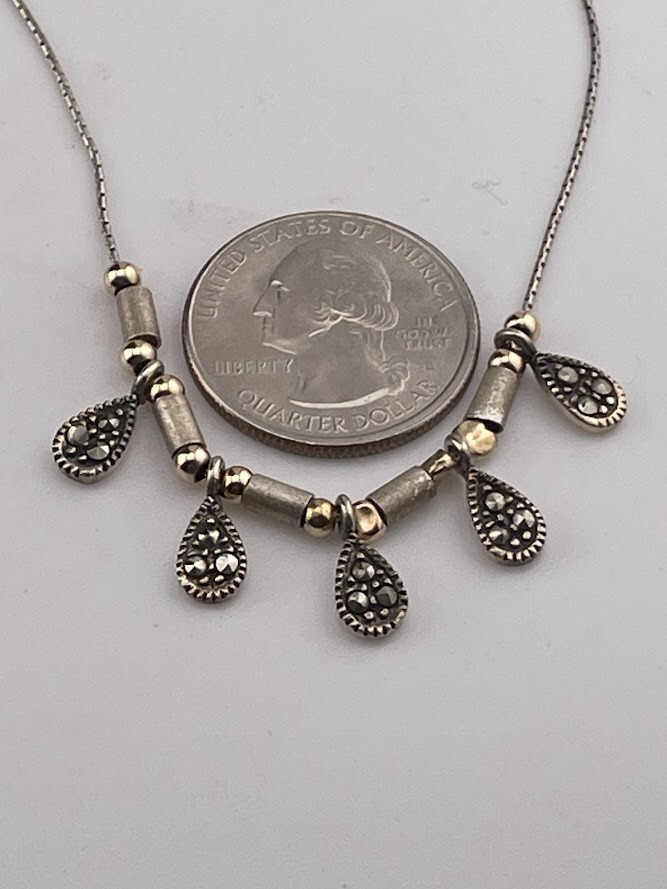 ITALY 925 STERLING SILVER 2 TONE BEADS MARCASITE TEARDROP NECKLACE 16″ MOD 1723