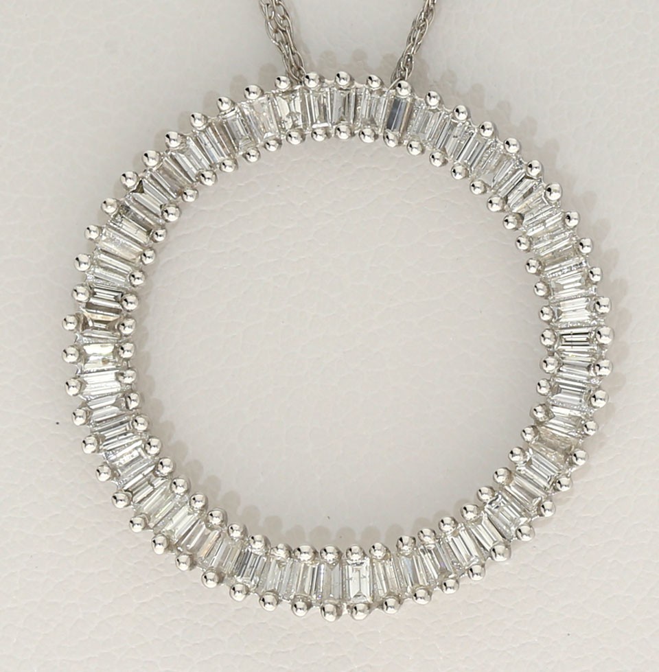 Natural Baguette Diamond Circle Pendant Necklace .80CT 14K WG 18”Chain