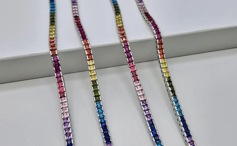 20TCW Princess Lab Created Rainbow Sapphire Tennis Necklace 925 Sterling Silver