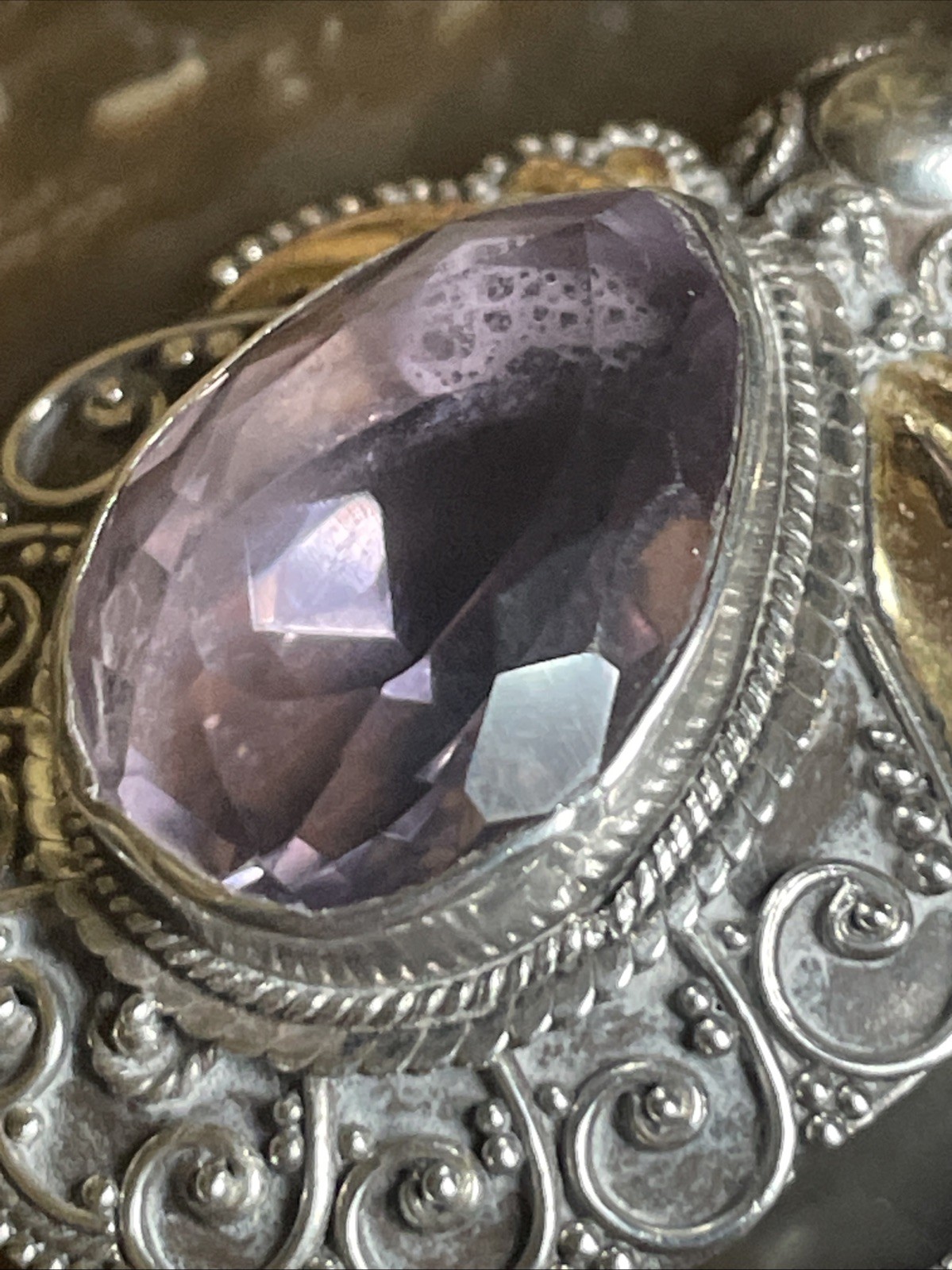 Faceted Amethyst And Sterling Silver Gold Accents Boho 23.5” Pendant Necklace