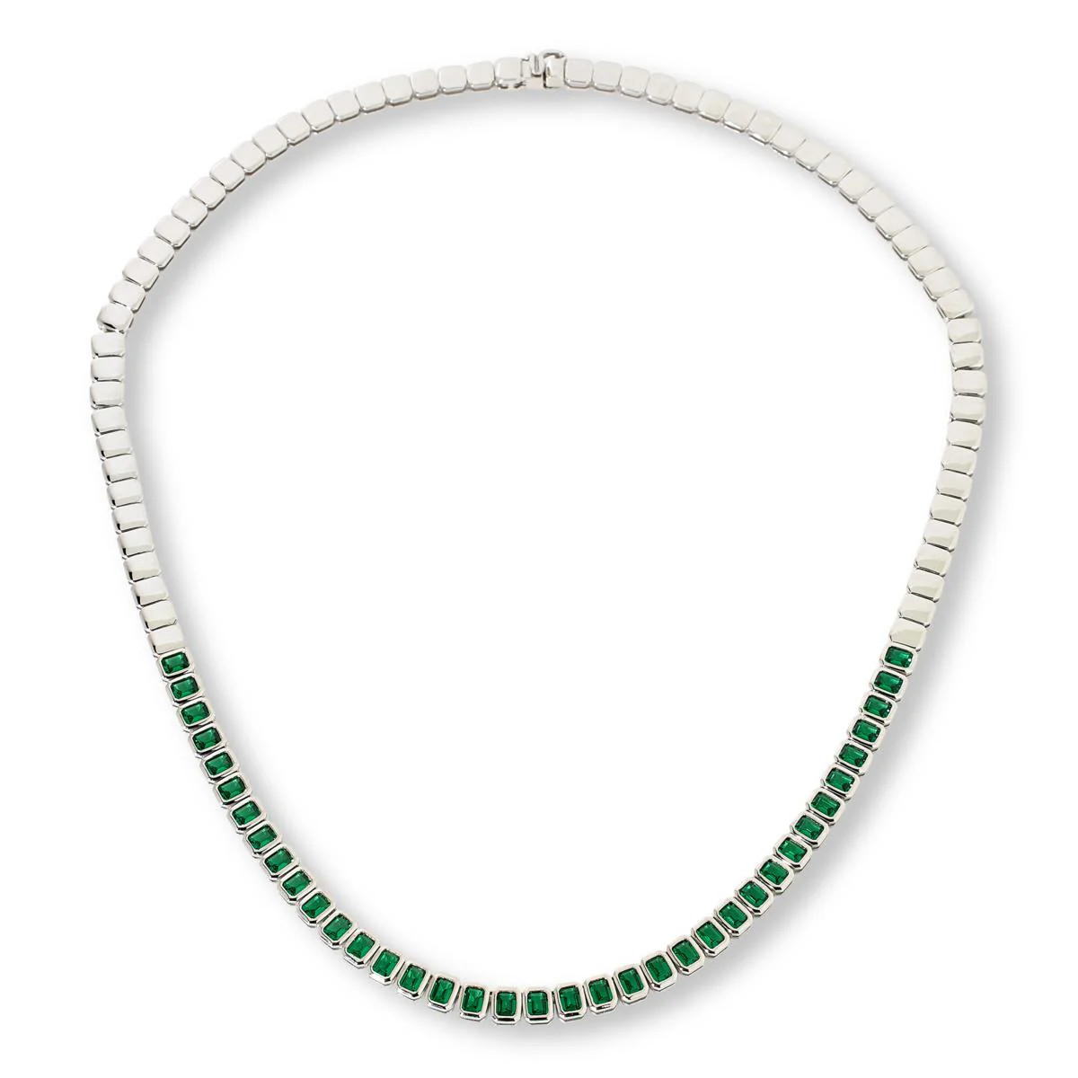 Absolute Sterling Silver Emerald-Cut Green CZ Square Link Necklace, 18″