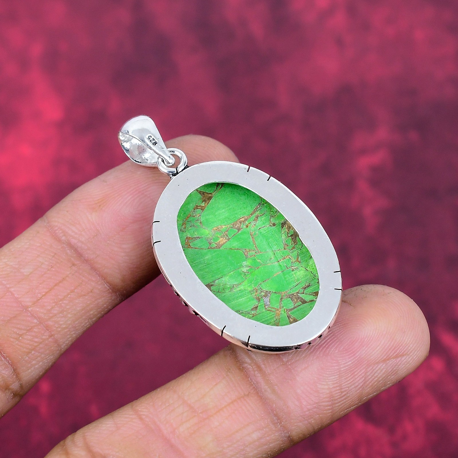Green Copper Turquoise Gemstone Handmade 925 Sterling Silver Pendant Jewelry