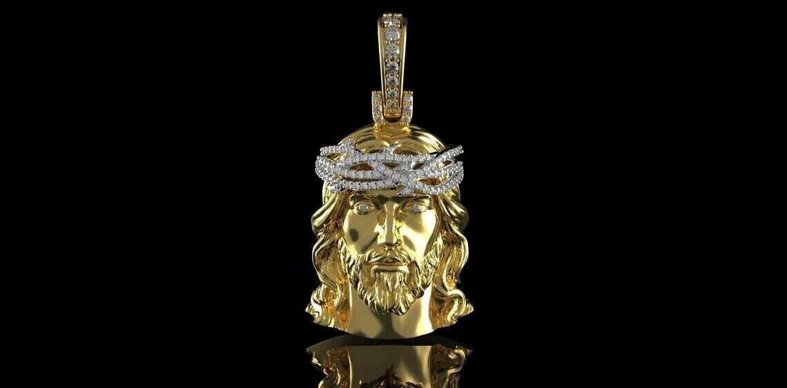 1Ct Round Diamond Jesus Face Matte Men’s Pendant 14K Yellow Gold Plated