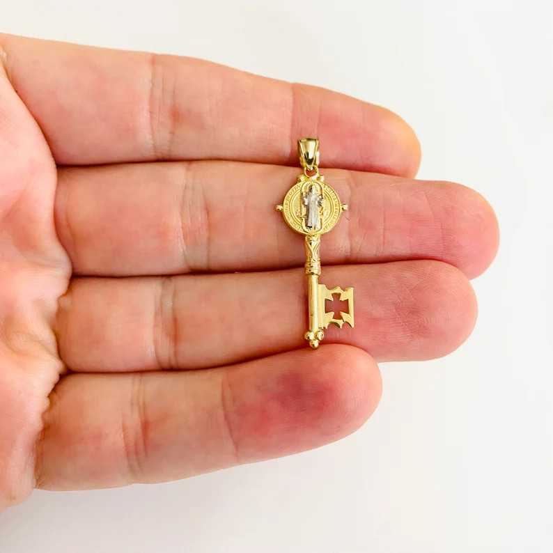 14K Solid Gold Saint Benedict 1.3″ Key, 14K Real Gold San Benito Pendant – PT738