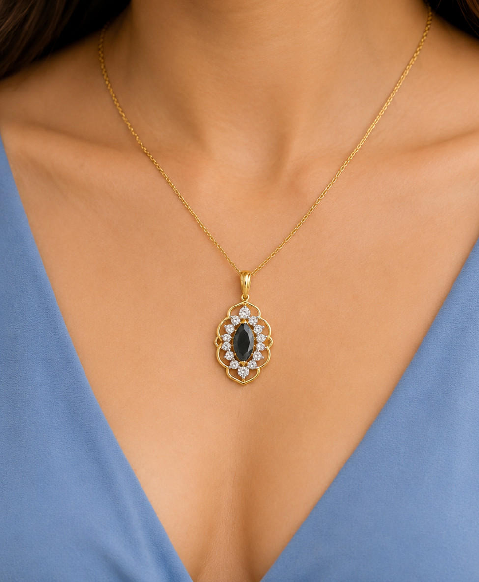 Vintage Style Marquise Cut Black Diamond Beauty Pendant 14K Yellow Gold Plated