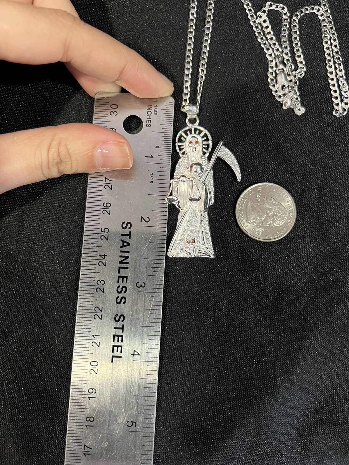 925 Sterling Silver Men CZ Santa Muerte Grim Reaper & Curb Chain 20 24 30