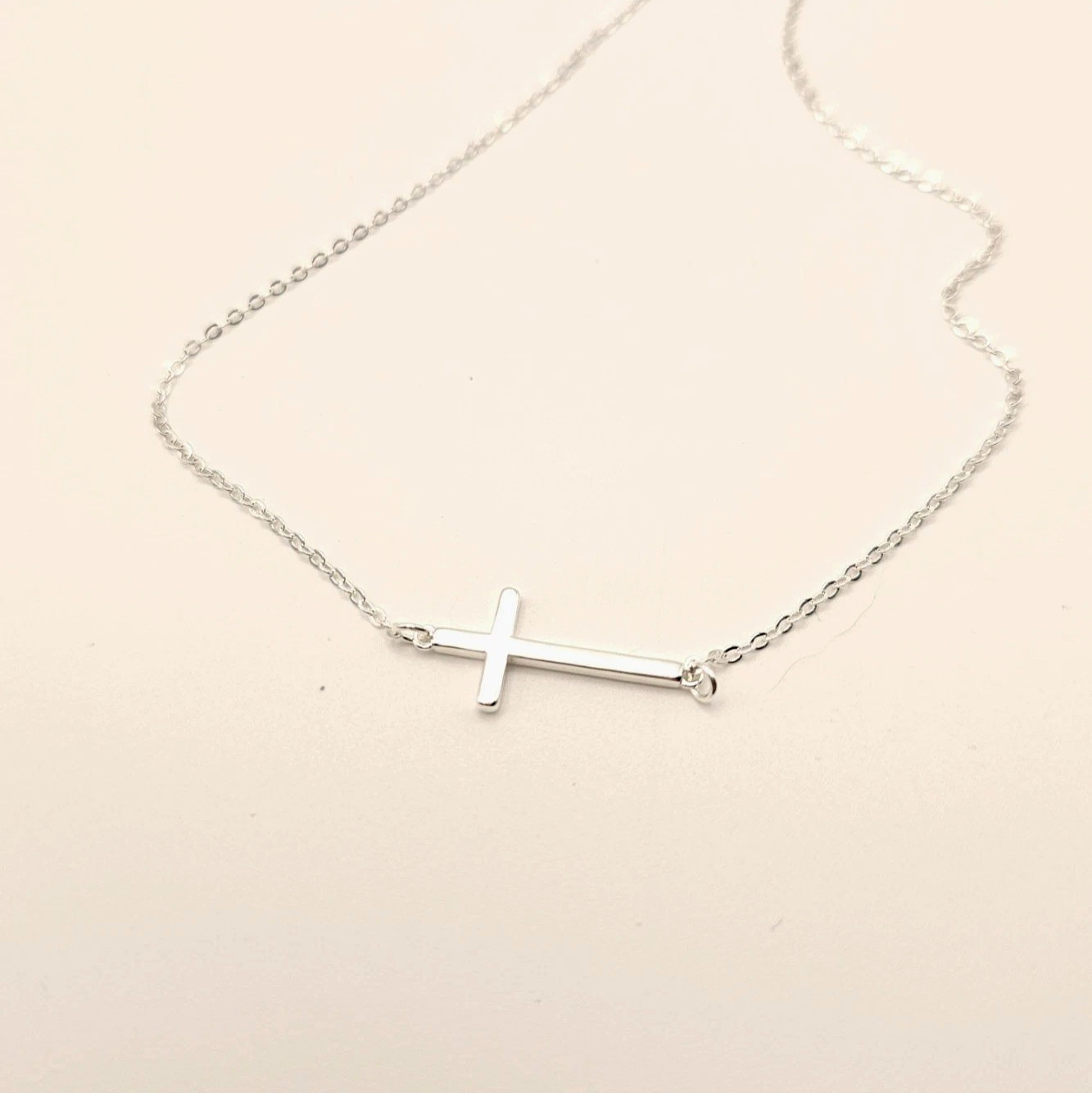 Sterling Silver Side Cross Necklace Adjustable 18 to 20 inches