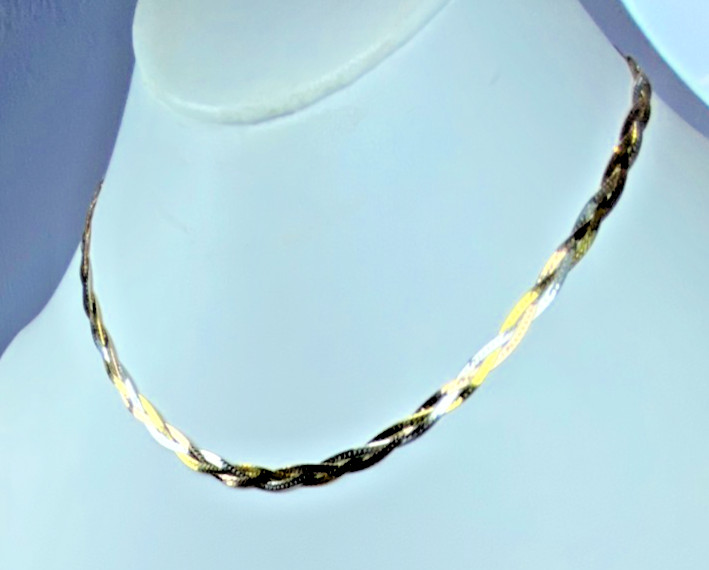 22K Gold Over Sterling Silver AGI Signed Tri Color Braided Necklace 18″ NOS 9.7g