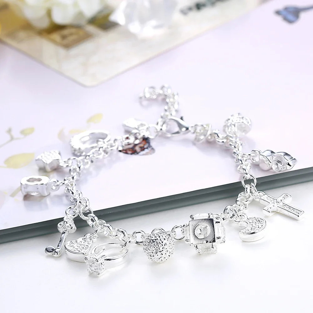 Fashion 925 Sterling Silver Bracelet for Woman Pretty Heart Zircon Pendant Chain