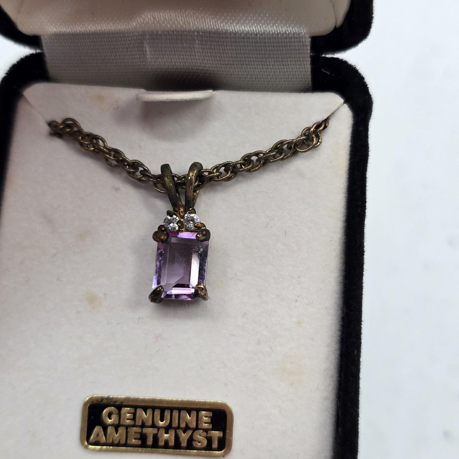 Genuine Amethyst Necklace Gold Tone Emerald Cut Pendant Purple Stone Chain Boxed