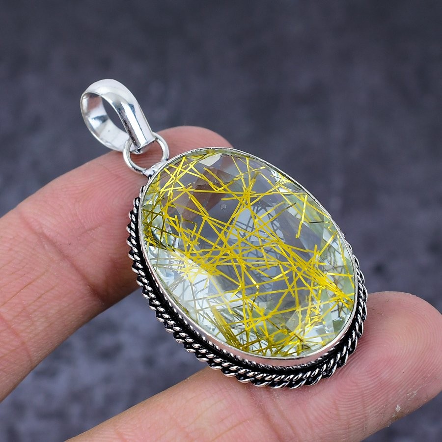 Golden Rutile Gemstone 925 Sterling Silver Gift Jewelry Pendant 2.01″ w466