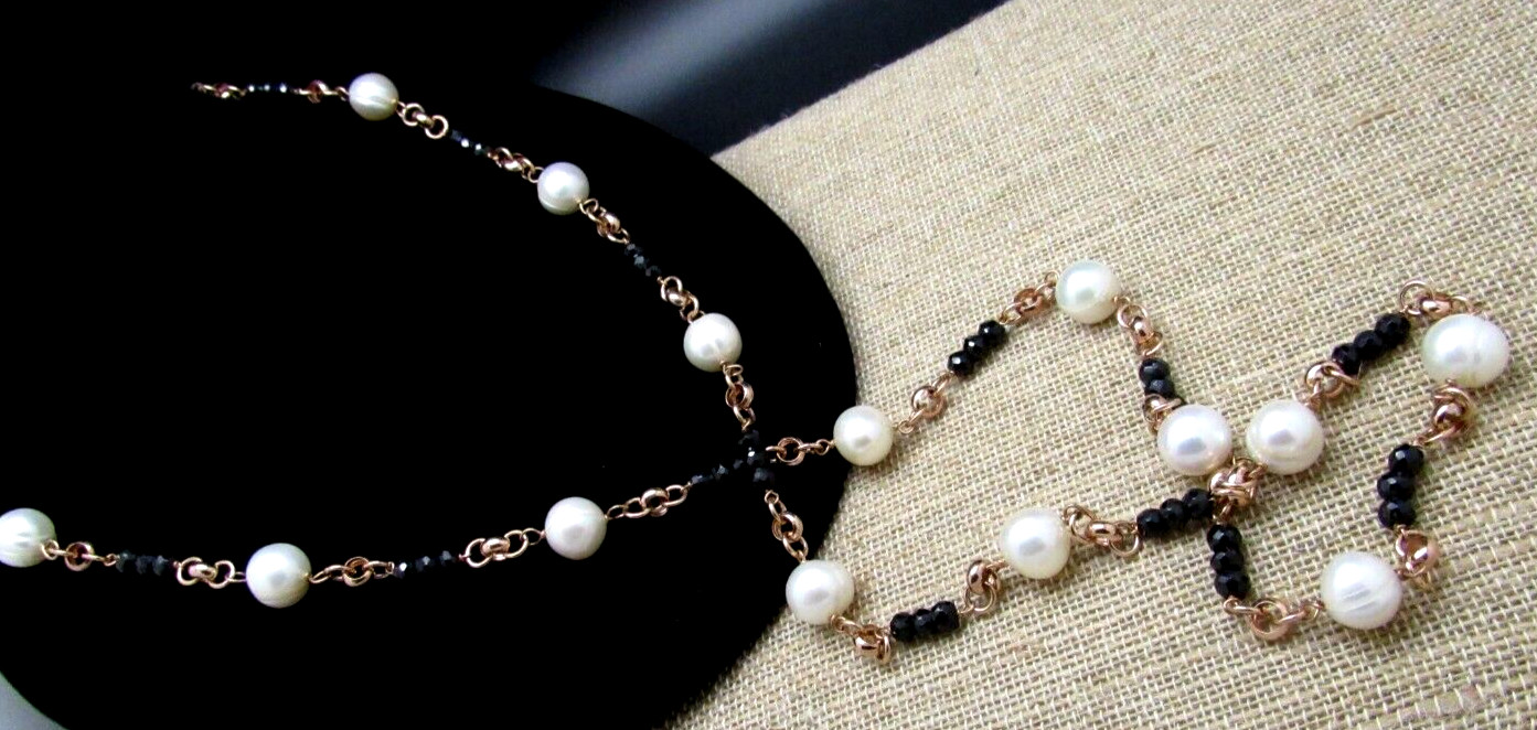 HONORA WHITE PEARL & BLACK BEAD NECKLACE BRONZE MILOR ITALY NEW IN BOX
