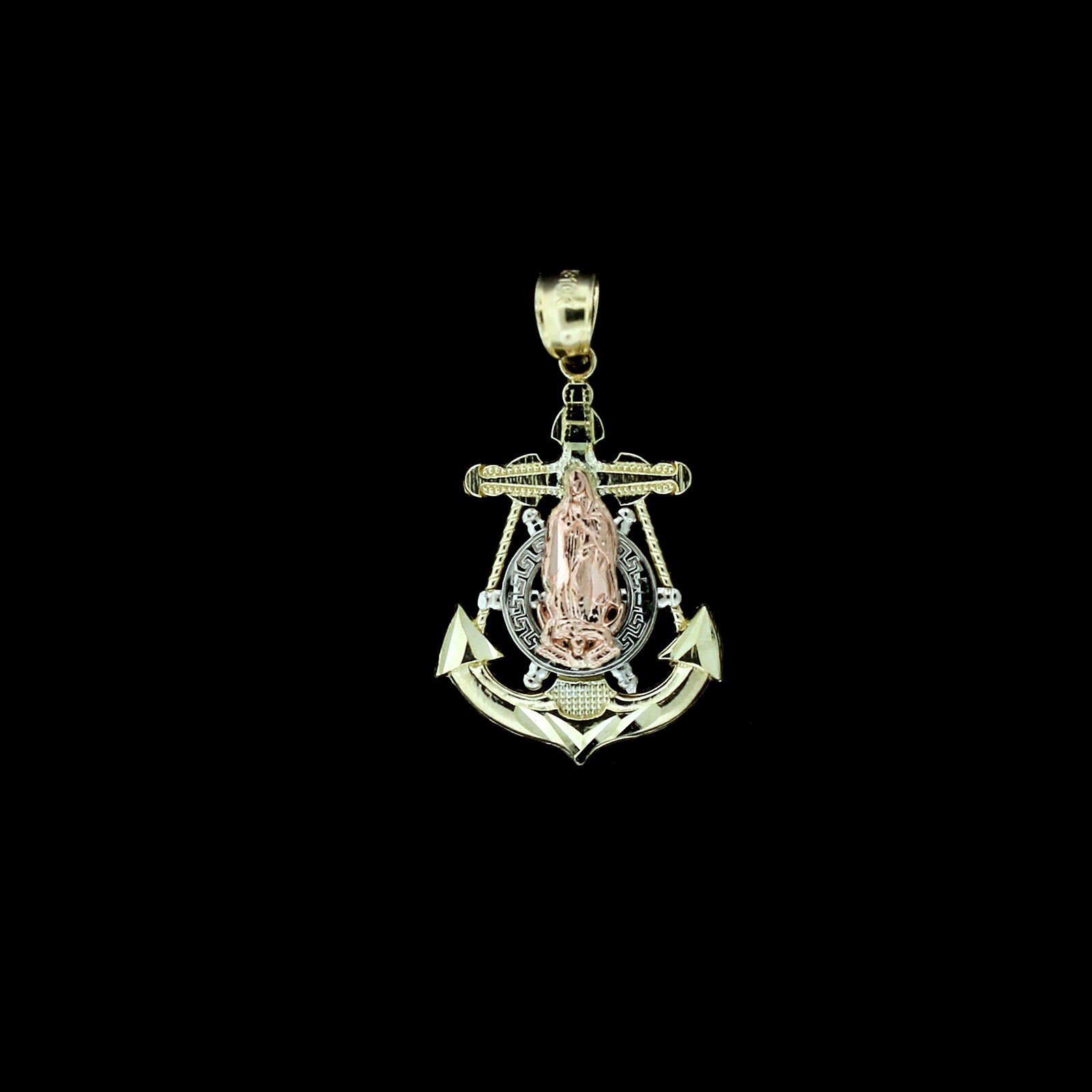 Real 10K Yellow White Rose Gold Diamond Cut Virgin Mary Anchor Cross Pendant
