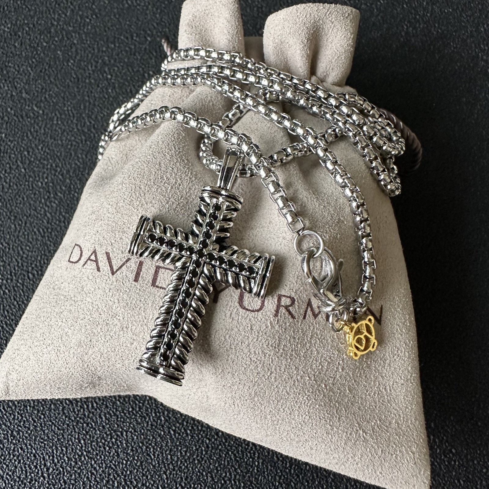 David Yurman Chevron Cross Pendant 925 Sterling Silver with Black Diamonds 20″