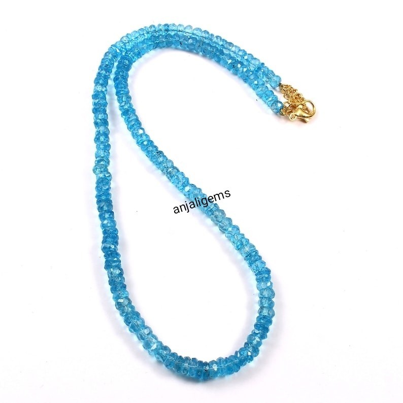 Natural AA+ Swiss Blue Topaz Gemstone Beads Necklace In 925 Silver Woman Jewelry