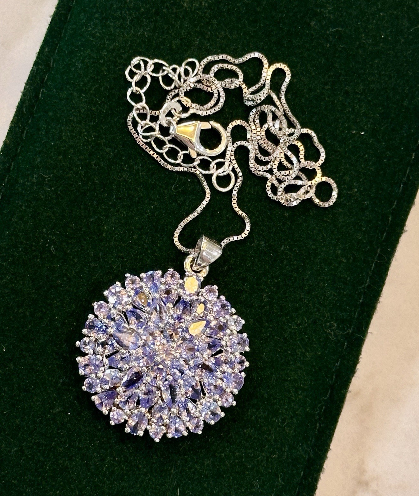 Tanzanite Marquise & Round Sterling Silver Cluster Pendant BBJ, On 20” 925 Chain
