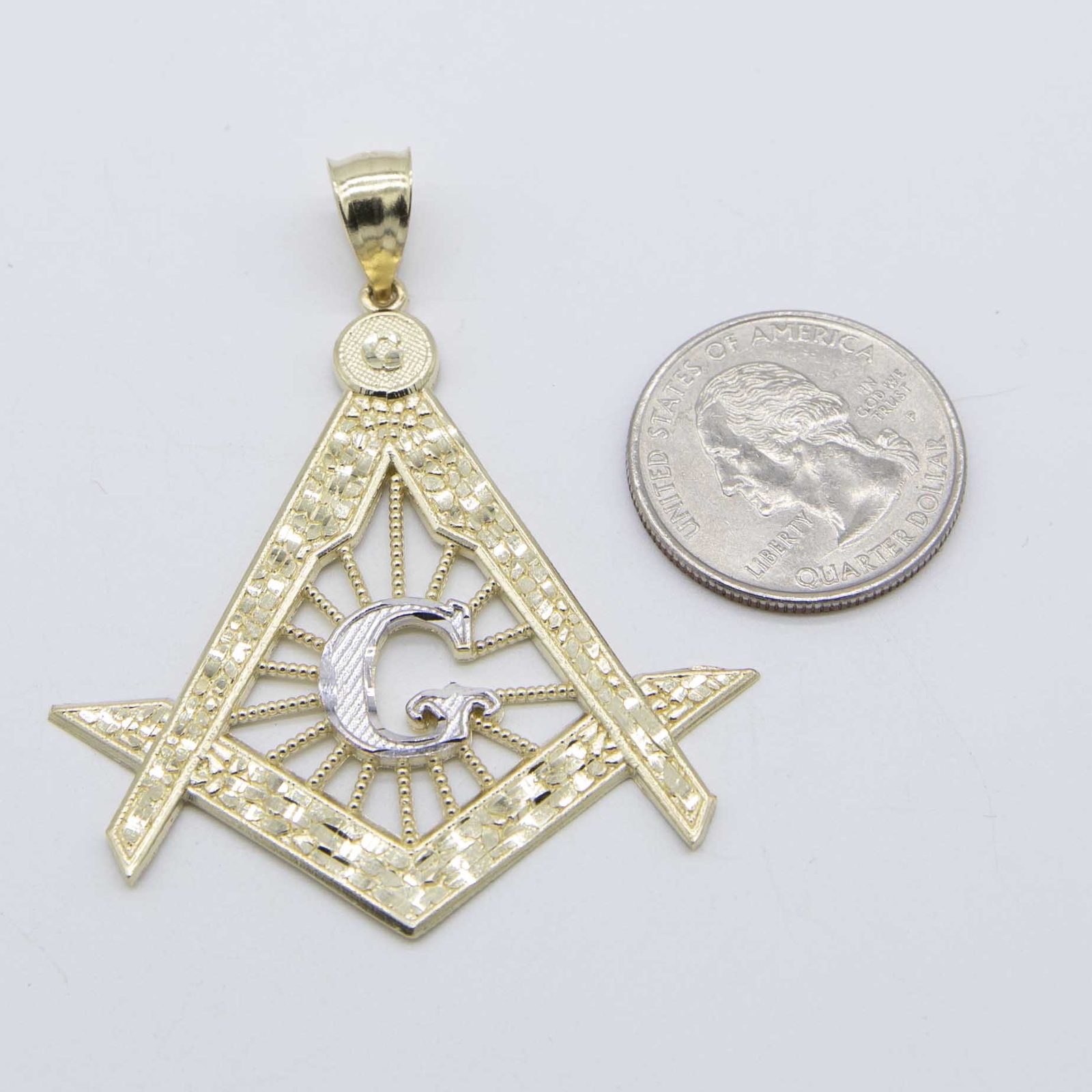 2 1/4″ The Square and Compasses Masonic Pendant 10K Yellow White Gold