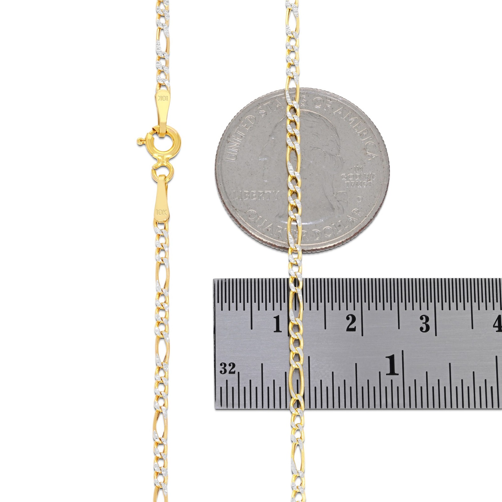 10K Yellow Gold 2mm Diamond Cut White Pave Figaro Chain Link Necklace 16″- 24″