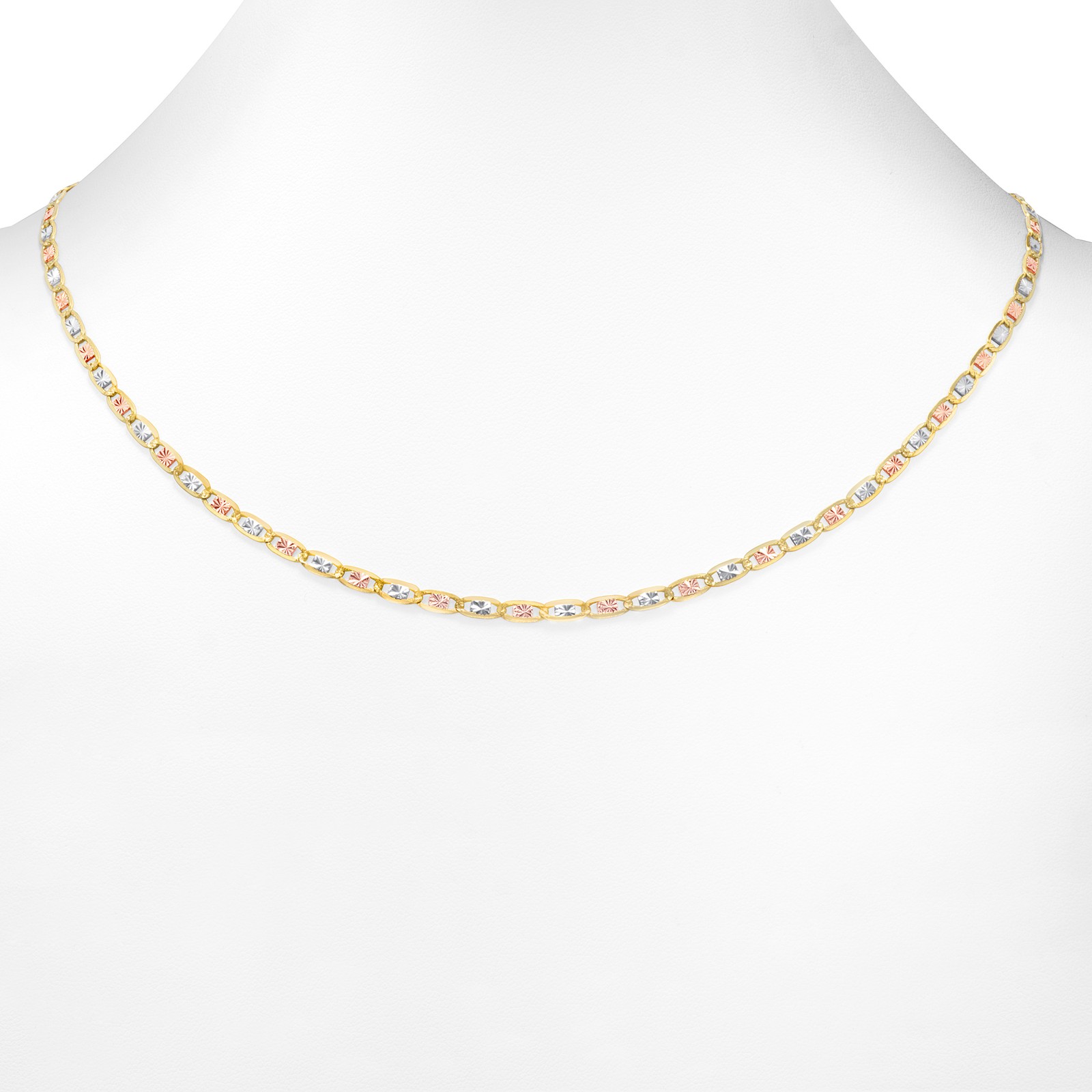 10K Solid Tri-Color Yellow Rose White Gold 3mm Valentino Chain Necklace 16″- 26″