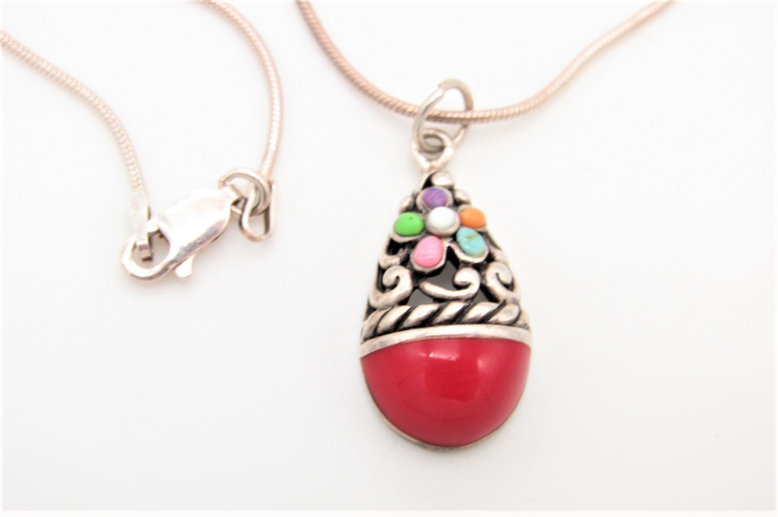 SX Thailand Sterling Egg Pendant Necklace w/Stone Inlay & Accents