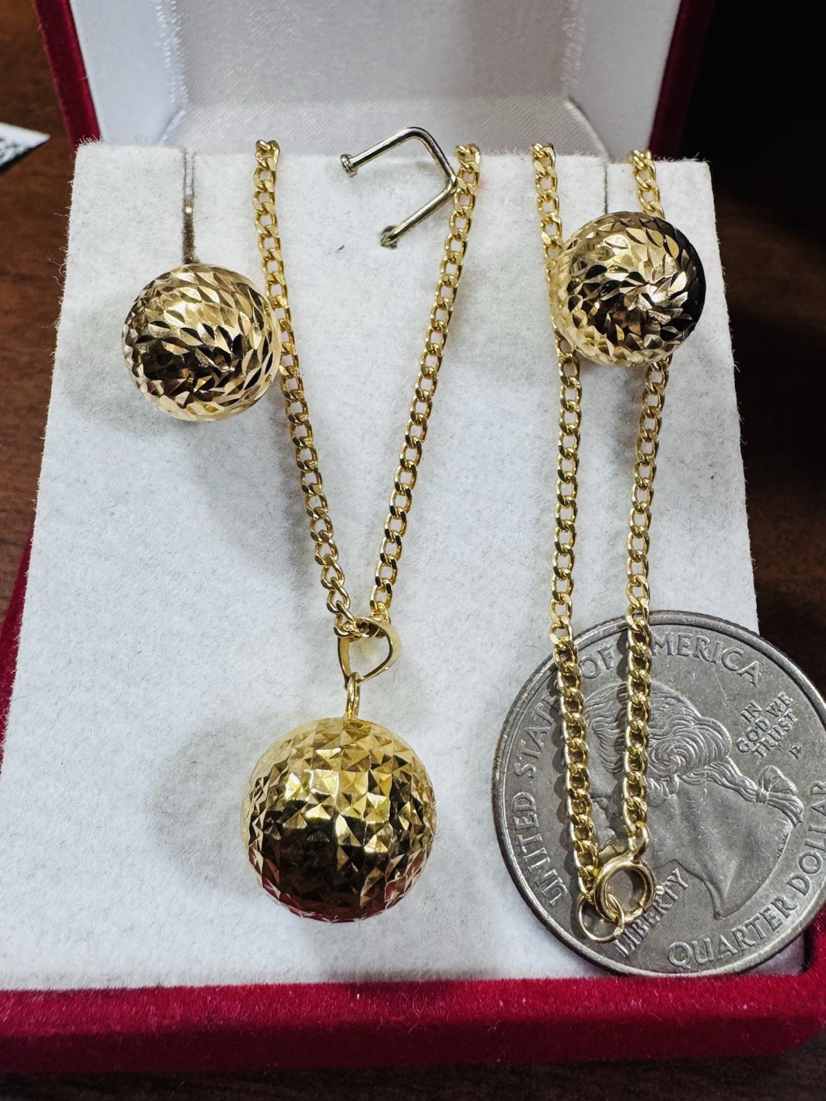 18K 750 Real Fine Gold Women’s Balls Earring & Necklace 23.5/24” long 10.4g 2mm