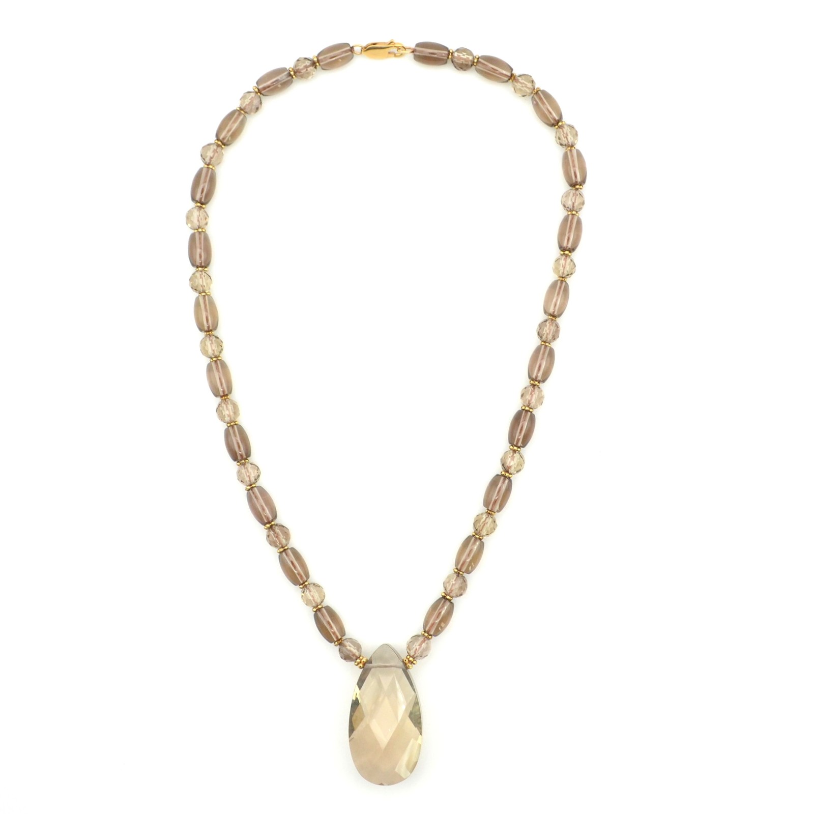 Smoky Quartz Beaded Necklace 14K Gold Clasp Faceted Teardrop Pendant 16in