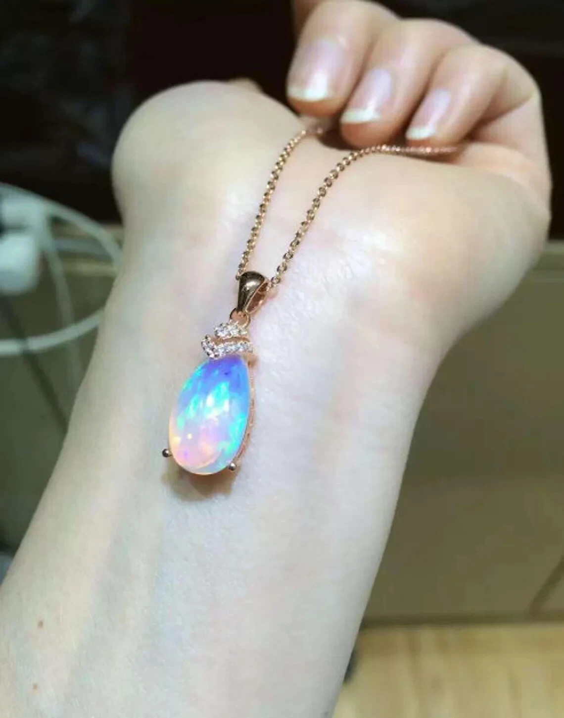 14K Rose Gold Plated 3Ct Pear Cut Natural Fire Opal Pendant Teardrop Necklace