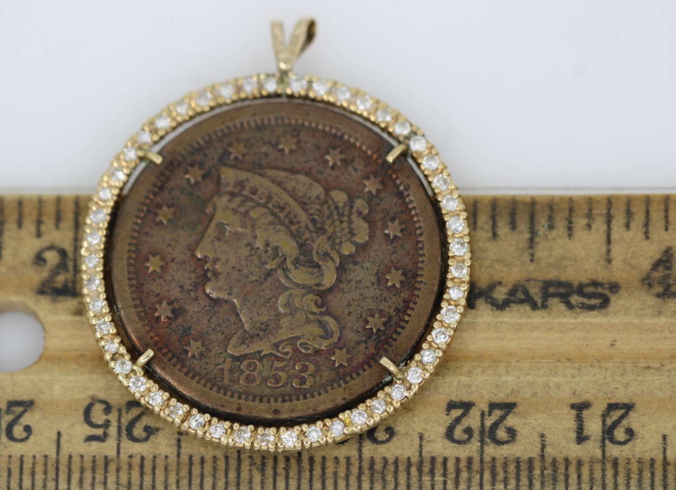 1853 US Braided Hair Large One Cent w/ 0.75 TCW Diamond Coin in 14k Gold Pendant