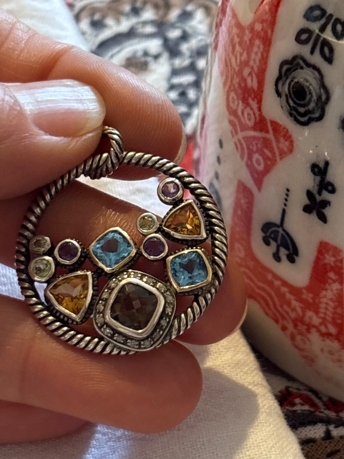 925 and 14k Gold Multi Gemstone Pendant with Cable accents, for Necklace