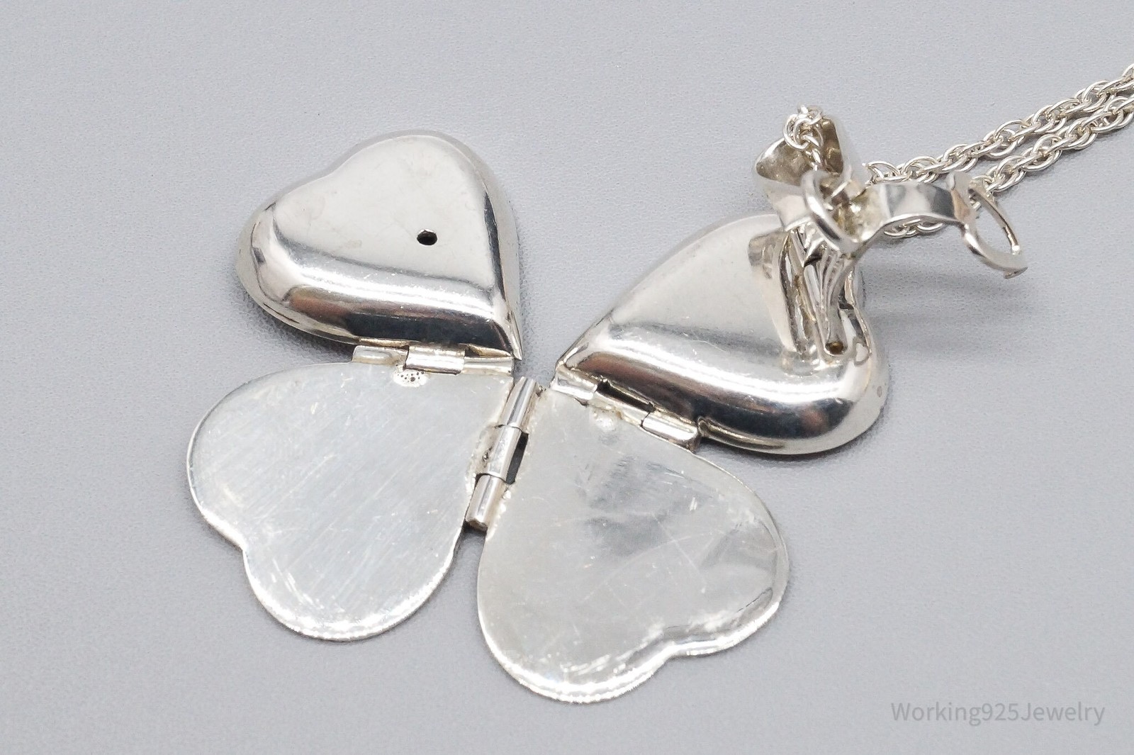 Vintage Large 4 Picture Heart Locket Sterling Silver Necklace 20″