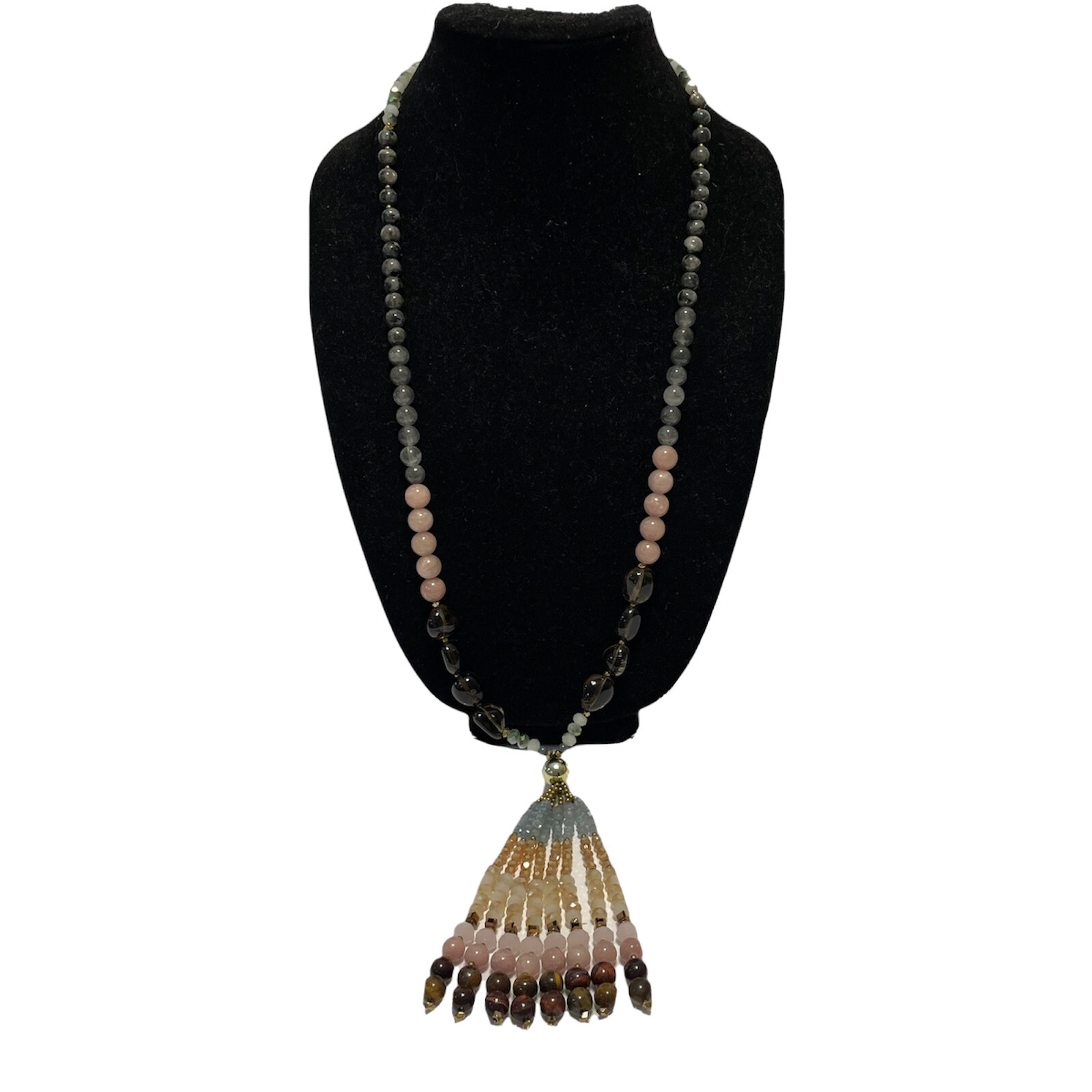 31-36” long tassel Beaded Necklace natural stones smoky rose quartz Tigers eye
