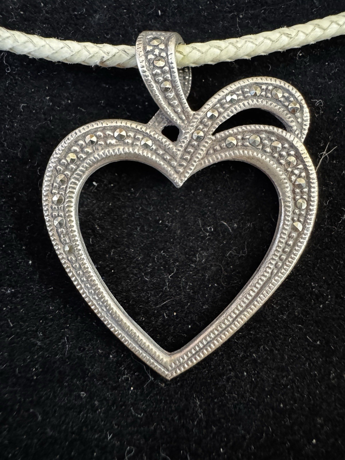 Sterling Silver 925 Marcasite Open Heart Pendant Necklace Waxed Silk Cord Y2K