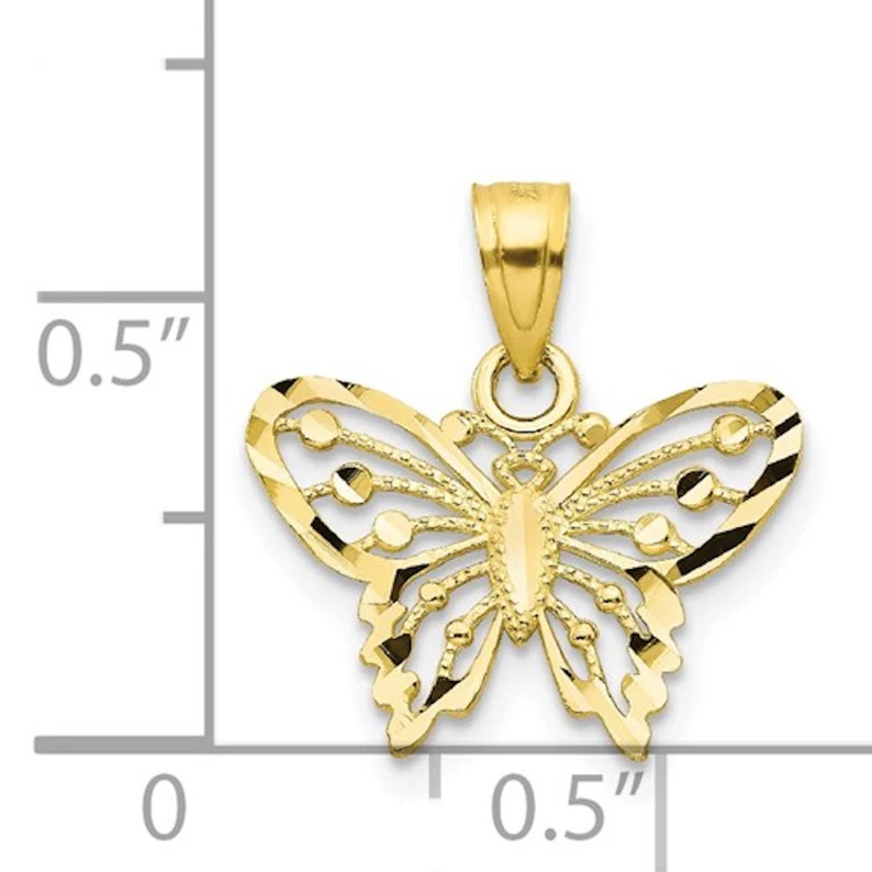 14k Solid Gold Diamond Cut Butterfly Charm Small 16mm Pendant – PT1749